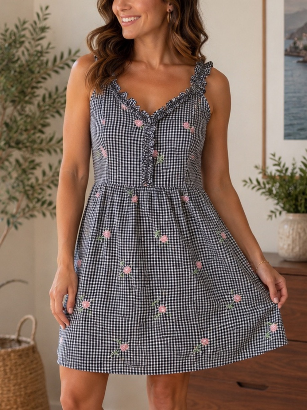 Heartloom Black & White Gingham Mini Dress with Pink Floral Embroidery